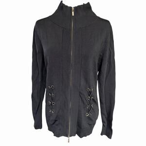 Boston Proper Full Zip Sweater Top Womens Black M Lace Detail Career Gothic